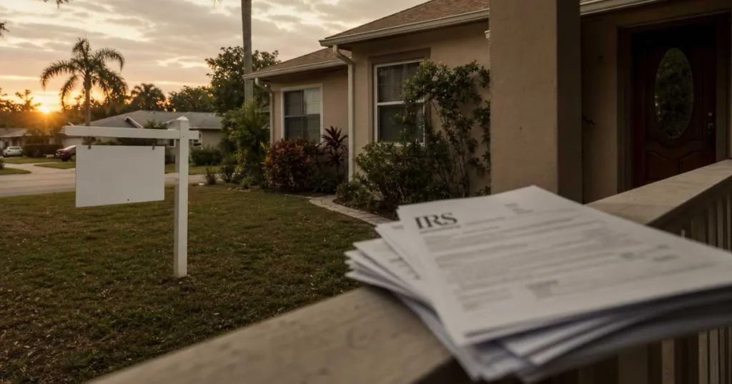 IRS documents on a porch railing with a house and "For Sale" sign in the background, symbolizing the impact of federal tax liens on property.