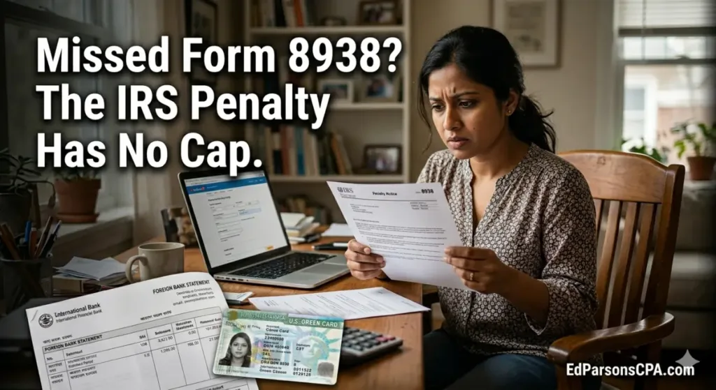 Woman reviewing IRS penalty notice for missed Form 8938, surrounded by foreign bank statements and a laptop, emphasizing tax compliance for expats.