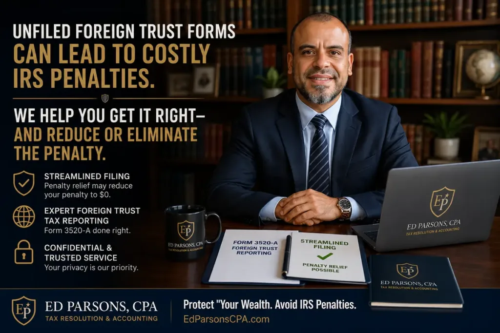 Unreported PFICs? How Streamlined Filing May Help Reduce Brutal IRS Taxes and Penalties? Professional CPA Edward Parsons in a suit, seated at a desk with a laptop and documents, promoting streamlined filing and foreign trust tax reporting services to help reduce IRS penalties.