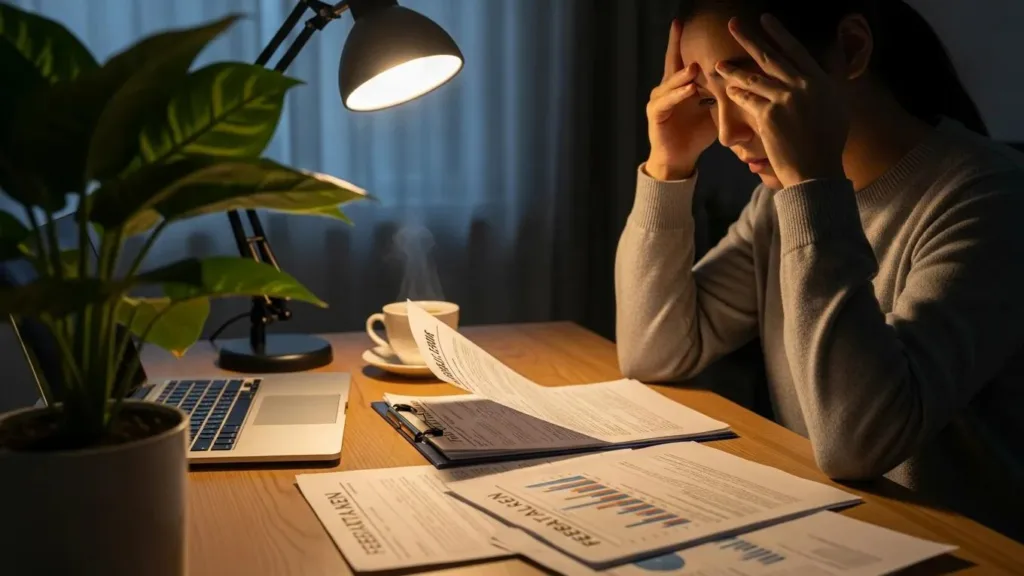 How a Tax Lien Affects Your Financial Future A worried individual at a desk with financial documents illustrating concerns about federal tax liens and their impact on finances.