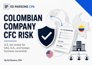 Colombian company CFC risk graphic with U.S. tax reporting forms, Colombia map, business ownership chart, and cross-border tax review symbols.