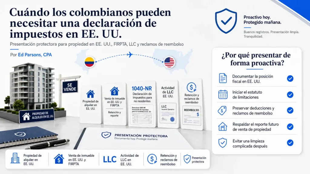 Colombianos con propiedades o inversiones en EE. UU.: cuándo presentar una declaración de impuestos en EE. UU. es la opción más segura Colombiano en Colombia revisando documentos fiscales de EE. UU., propiedad de alquiler, inversiones, U.S. LLC y Form 1040-NR con un CPA.