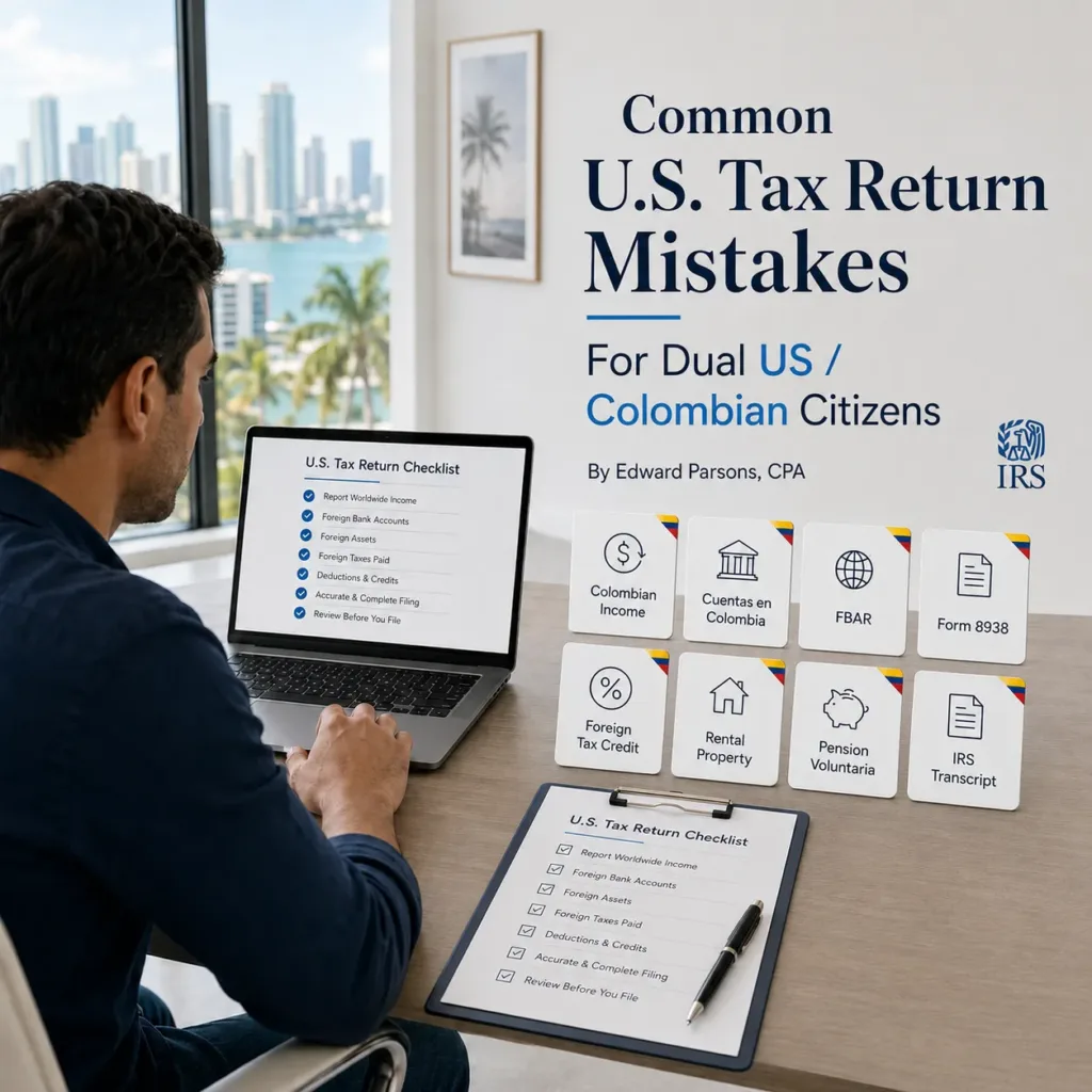 Common U.S. tax return mistakes for dual US/Colombian citizens featuring a man reviewing a tax checklist on a laptop, with icons representing Colombian income, foreign assets, and IRS forms, in a Miami office setting.