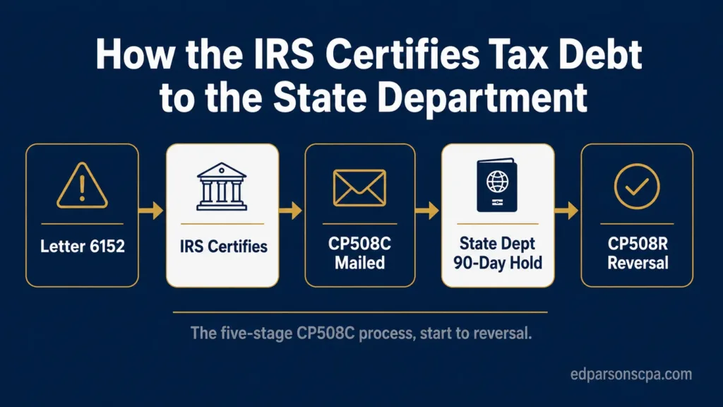 Process flow showing the five CP508C stages: Letter 6152, IRS certification, CP508C notice, State Department 90-day hold, and CP508R reversal.