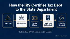 Process flow showing the five CP508C stages: Letter 6152, IRS certification, CP508C notice, State Department 90-day hold, and CP508R reversal.