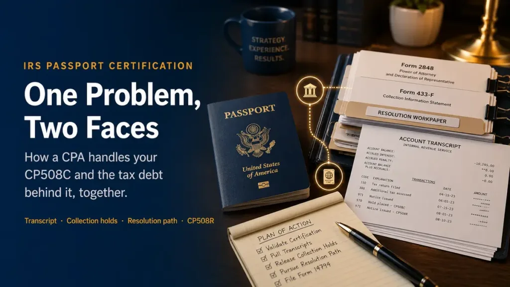 CPA desk with US passport Form 2848 and Form 433-F documents showing coordinated handling of a CP508C passport block and underlying IRS tax debt