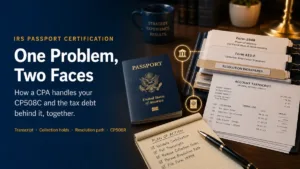 CPA desk with US passport Form 2848 and Form 433-F documents showing coordinated handling of a CP508C passport block and underlying IRS tax debt