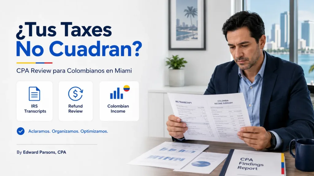 Colombian taxpayer in Miami reviewing IRS transcripts, refund clues, penalties, Colombian income, FBAR, Form 8938, and Foreign Tax Credit issues with a CPA.