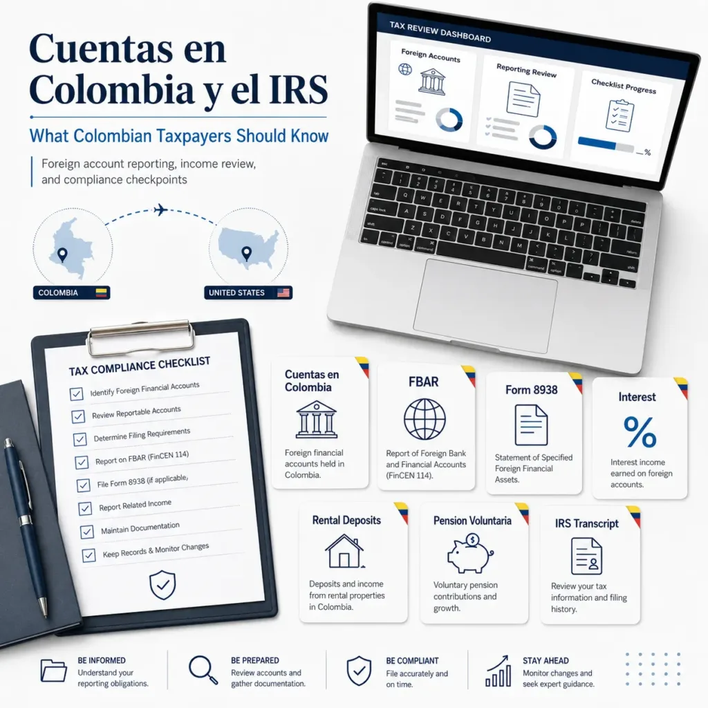 Cuentas en Colombia y el IRS infographic, featuring a tax compliance checklist, laptop displaying tax review dashboard, and icons for FBAR, Form 8938, and Colombian financial accounts, relevant for U.S. tax obligations of Colombian taxpayers.