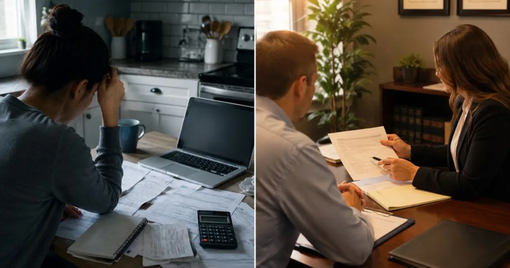 Woman stressed over tax documents at home and professionals discussing tax resolution strategies in an office setting.