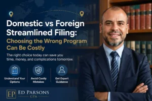 Professional hero banner for Domestic vs Foreign Streamlined Filing featuring CPA advisor in office library with tax compliance and offshore disclosure messaging.