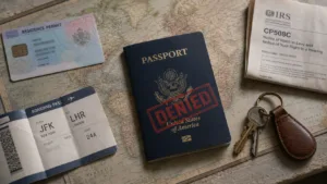 Navy U.S. passport stamped denied beside a foreign residency permit, boarding pass, and IRS CP508C notice on a world map desk for expat tax debt.