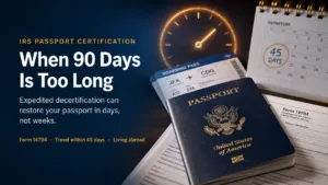 US passport with boarding pass calendar and IRS Form 14794 showing expedited decertification restores passport in days for urgent travel