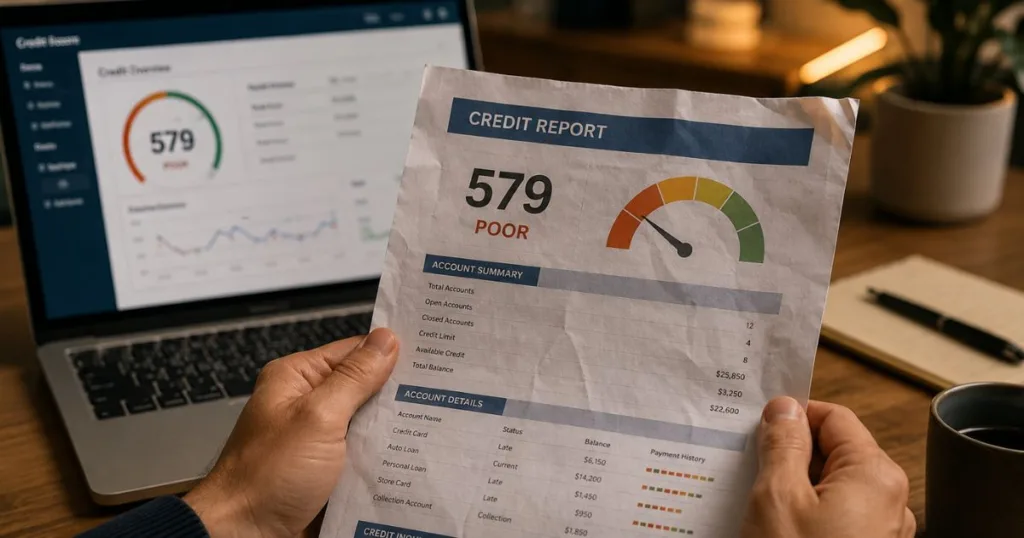 Credit report showing a score of 579 labeled as "Poor," with account summary details and a laptop displaying credit score analytics in the background, illustrating the impact of federal tax liens on credit scores.