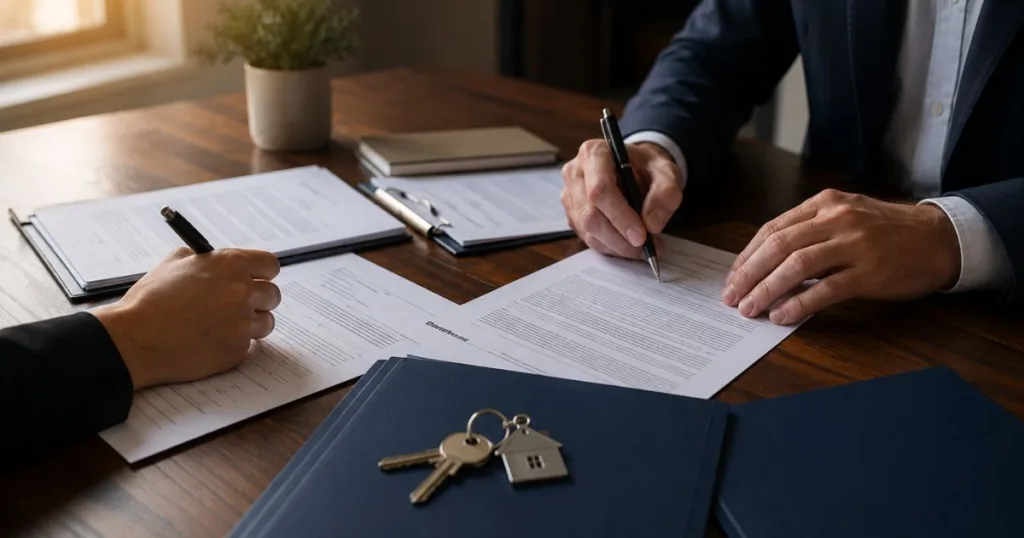 Two individuals signing documents related to federal tax lien subordination and discharge, with house keys and folders on a wooden table, emphasizing tax resolution services.