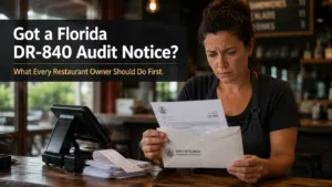 Florida restaurant owner reviewing a DR-840 sales tax audit notice from the Department of Revenue.