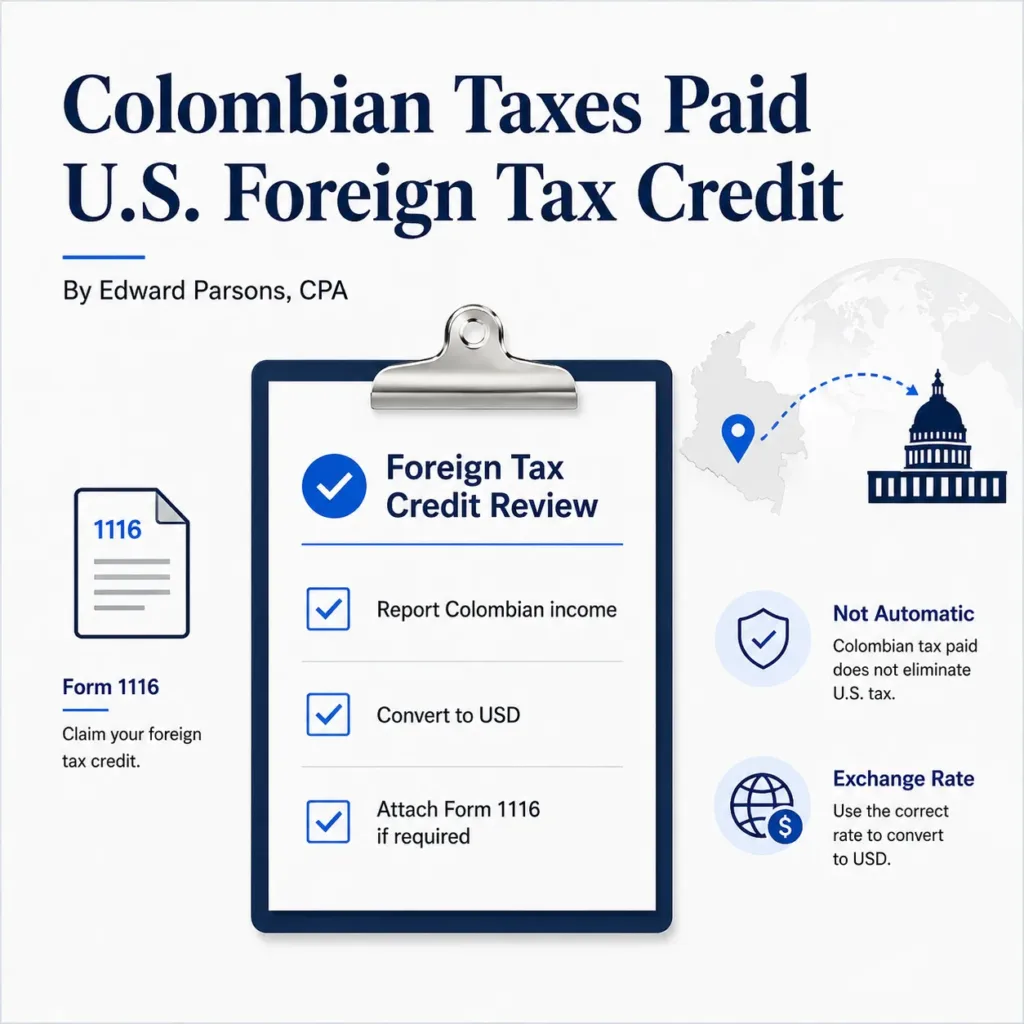 Colombian taxes paid and U.S. Foreign Tax Credit review guide, featuring checklist for reporting Colombian income, converting to USD, and attaching Form 1116 if required, by Edward Parsons, CPA.