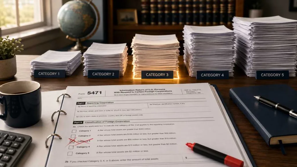 Editorial-style CPA office desk with IRS Form 5471 and five category document stacks illustrating foreign corporation reporting classifications and schedule burden.