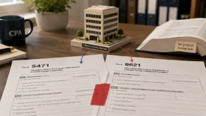 CPA desk with overlapping IRS Form 5471 and Form 8621 documents, foreign holding company model, red caution highlight at the overlap point, and law book referencing IRC 1297(d) overlap rule.
