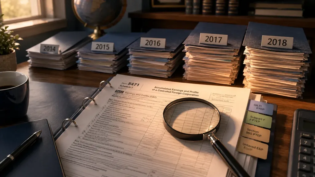 Editorial-style CPA desk featuring Form 5471 Schedule J with historical earnings and profits folders, magnifying glass, and PTEP tracking tabs for international tax compliance.