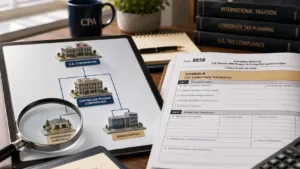 CPA desk with Form 8858, foreign corporate structure diagram, controlled foreign corporation linked to a disregarded foreign LLC and branch office, and magnifying glass highlighting hidden reporting obligations.