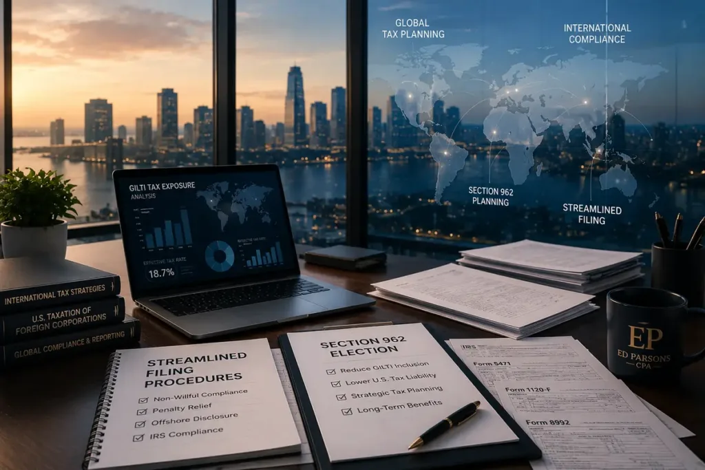 Modern international tax advisory office showing GILTI tax planning, Streamlined Filing procedures, and Section 962 election strategy for U.S. shareholders of foreign corporations