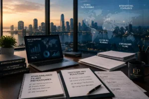 Modern international tax advisory office showing GILTI tax planning, Streamlined Filing procedures, and Section 962 election strategy for U.S. shareholders of foreign corporations