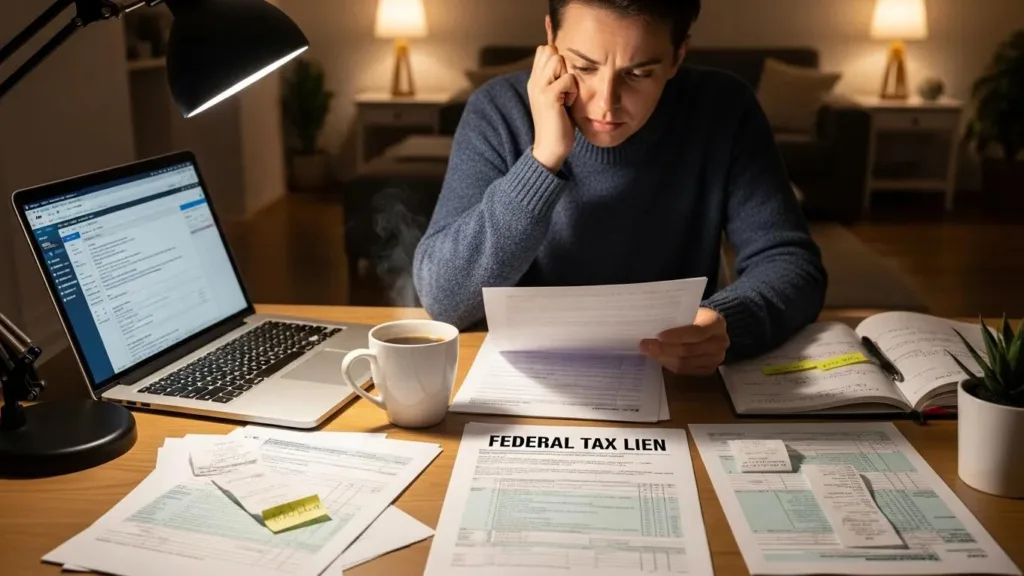 Understanding the Impact of a Federal Tax Lien Individual reviewing tax documents at home office, emphasizing the importance of understanding federal tax liens