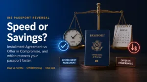 US passport on a balance scale weighing Installment Agreement speed against Offer in Compromise savings for IRS passport reversal