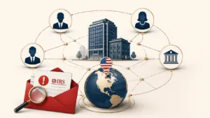 Editorial illustration showing IRS constructive ownership attribution rules involving family members, foreign corporations, Form 5471 exposure, and U.S. tax compliance