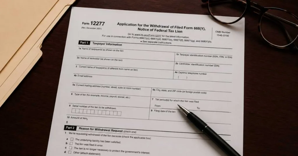 IRS Form 12277, Application for Withdrawal of Filed Form 668(Y), for removing a Notice of Federal Tax Lien, with visible sections for taxpayer information and withdrawal reasons.