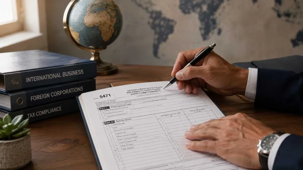 Professional CPA office desk with IRS Form 5471, international business folders, and globe representing U.S. international tax compliance services.