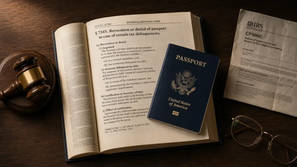 Open U.S. Tax Code book showing IRC Section 7345 passport revocation statute with a navy U.S. passport, brass gavel, and folded IRS CP508C notice.