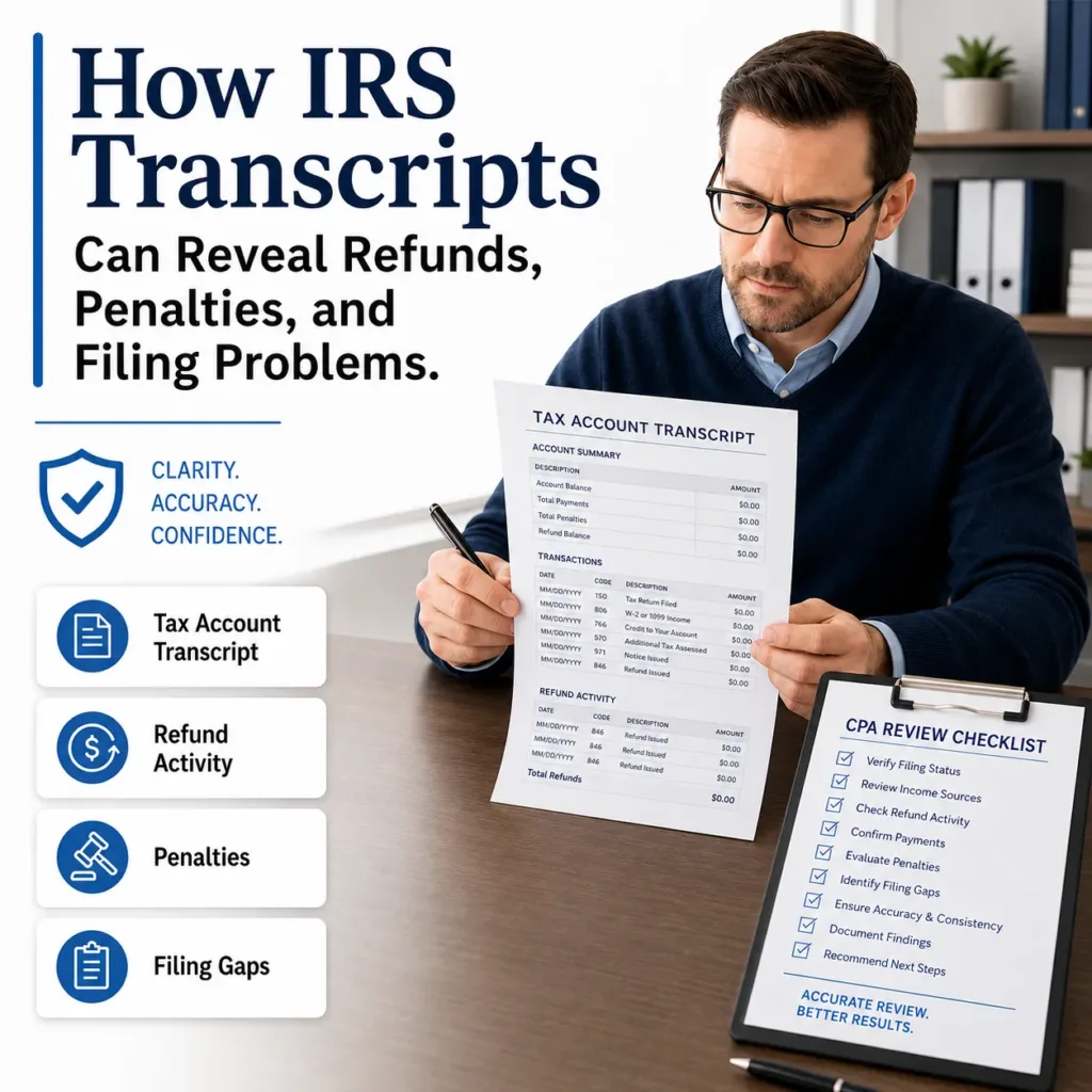 Taxpayer reviewing IRS transcripts for refunds, penalties, filing gaps, payments, income mismatch clues, and tax risk.