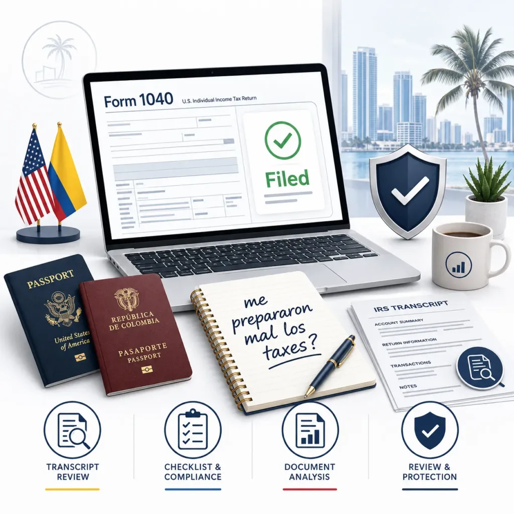 Laptop displaying filed U.S. tax return Form 1040, Colombian and U.S. passports, notebook with "me prepararon mal los taxes?" text, flags of Colombia and the U.S., emphasizing tax compliance for Colombians in Miami.