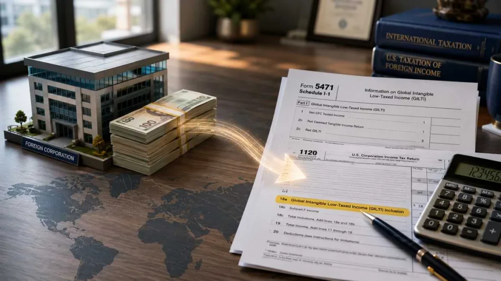 Editorial CPA office desk scene showing foreign corporation cash and IRS Form 5471 Schedule I-1 connected by a glowing arrow representing phantom income and GILTI taxation.