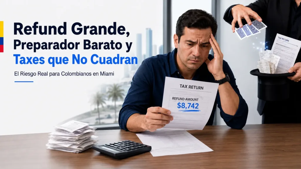 Refund Grande, Preparador Barato y Taxes que No Cuadran: El Riesgo Real para Colombianos en Miami Colombian taxpayer reviewing a suspicious large tax refund with CPA risk review documents