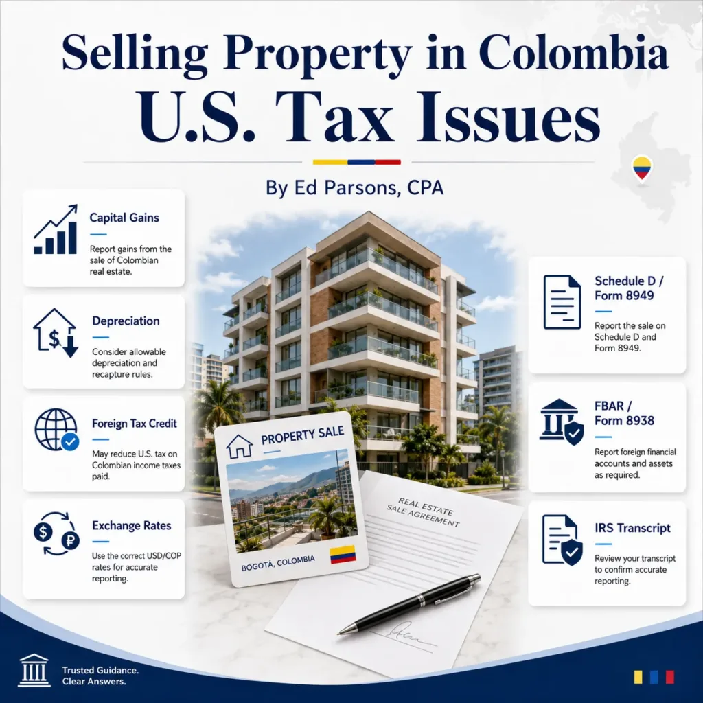 Colombian taxpayer in Miami reviewing Colombian property sale documents, capital gains, Form 8949, Schedule D, foreign tax credits, exchange rates, FBAR, Form 8938, and IRS transcript records.