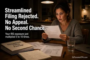 Woman reading IRS streamlined filing rejection letter at dining table with tax documents and streamlined filing package folder