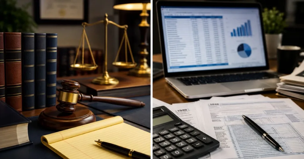 Gavel, legal books, and scales of justice alongside a laptop displaying financial data and tax forms, illustrating the roles of a tax lien attorney and CPA in resolving IRS cases.