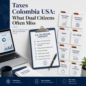 U.S. Colombia dual citizen in Miami reviewing tax return issues involving Colombian income, accounts, FBAR, Form 8938, foreign tax credits, property, pensions, and IRS transcripts.