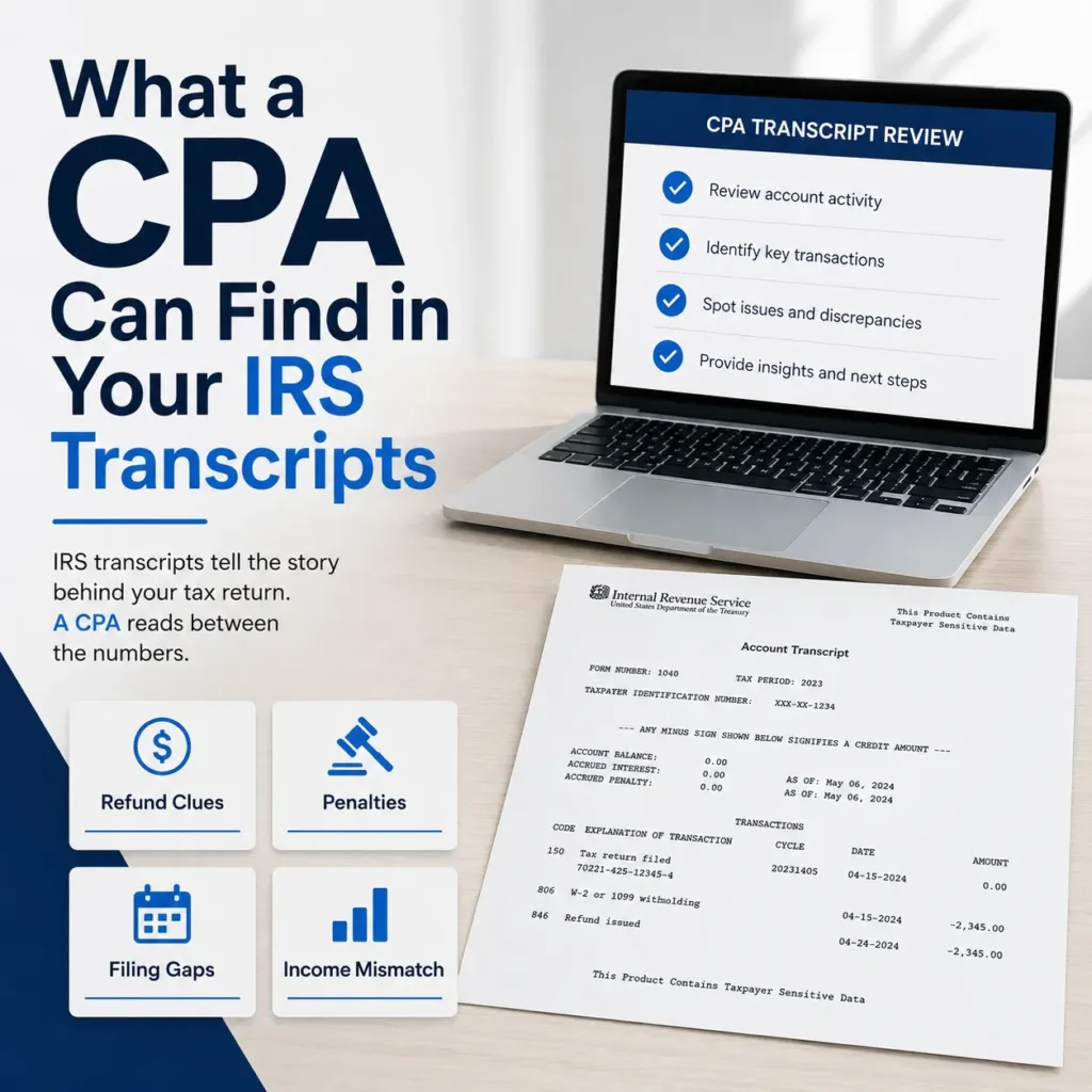 What a CPA Can Find in Your IRS Transcripts Taxpayer reviewing IRS transcripts with a CPA checklist for refunds, penalties, filing gaps, income mismatch, payment issues, and tax resolution risk.