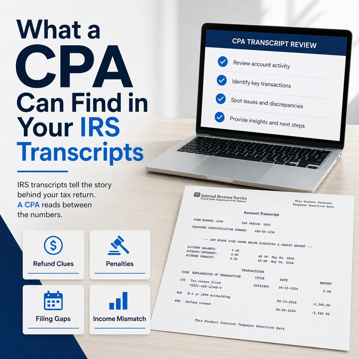 Colombianos con propiedades o inversiones en EE. UU.: cuándo presentar una declaración de impuestos en EE. UU. es la opción más segura Taxpayer reviewing IRS transcripts with a CPA checklist for refunds, penalties, filing gaps, income mismatch, payment issues, and tax resolution risk.