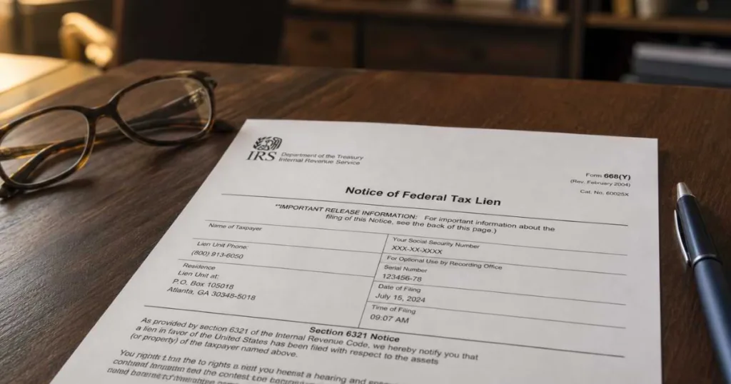 Notice of Federal Tax Lien document on a wooden desk with reading glasses and a pen, relevant to IRS tax resolution services and implications for credit scores.