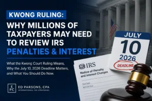 CPA review of IRS penalties, interest, and prior international tax filing history after the Kwong ruling.