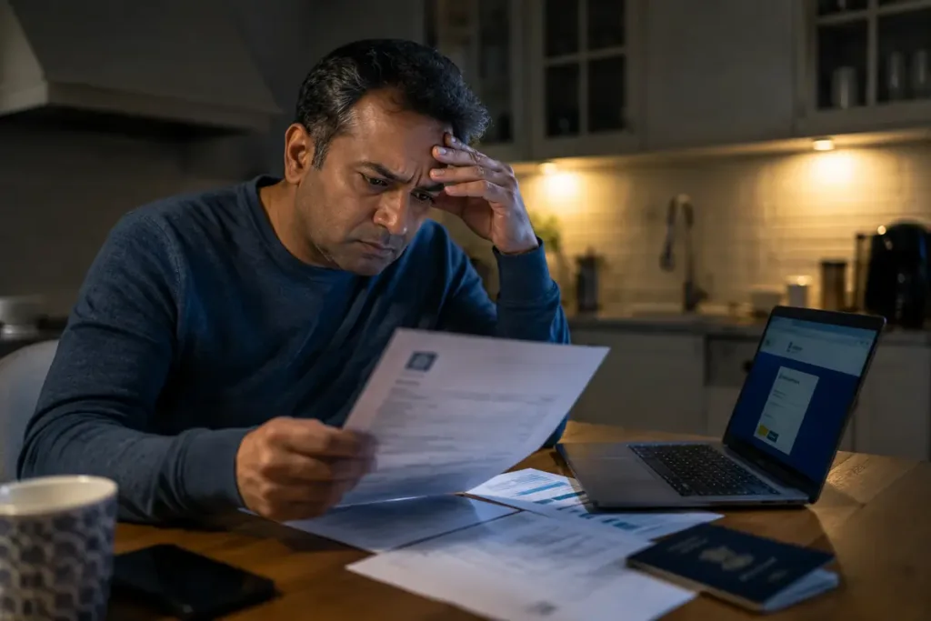 Worried man reviewing tax documents related to foreign bank accounts and IRS compliance at a kitchen table, with laptop and coffee cup visible.