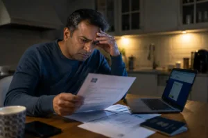 Worried South Asian man reviewing IRS letter about foreign bank account reporting at night