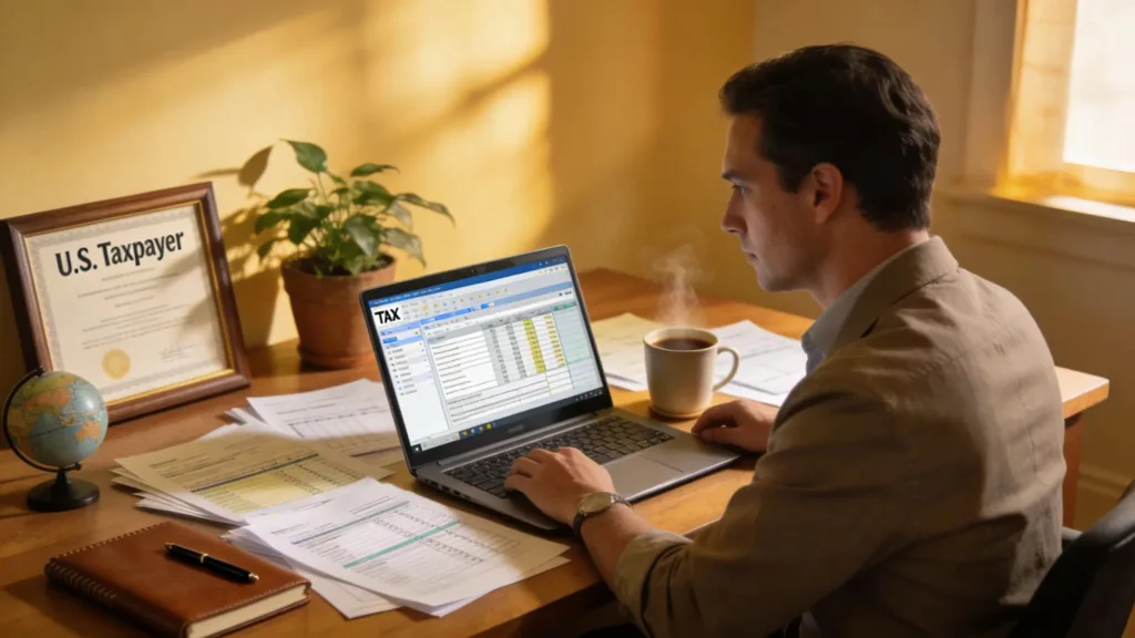 What Happens if You Don't File Form 5471? Lifestyle image of a financial consultant reviewing international tax forms with a laptop and coffee