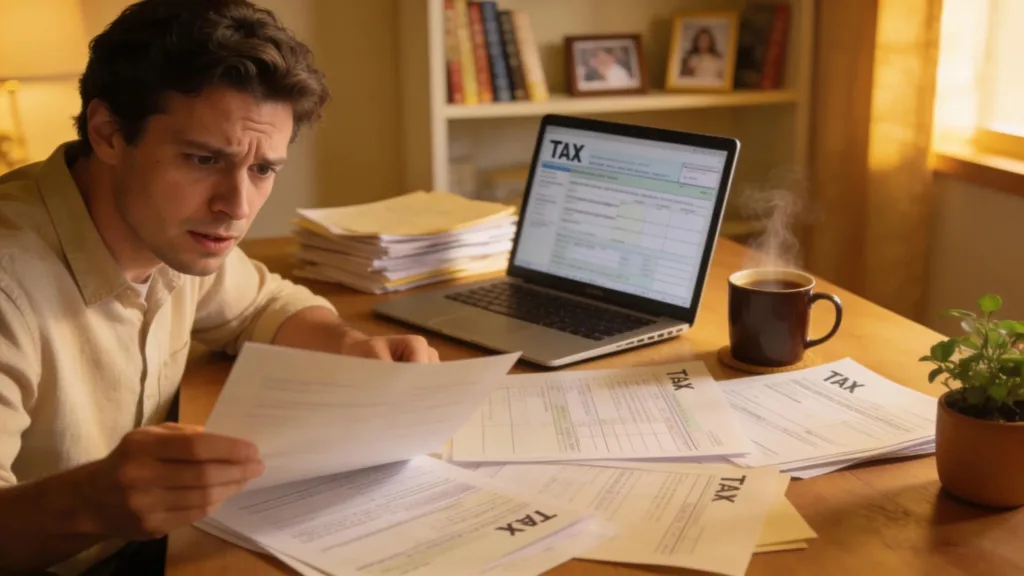 Understanding Unfiled Form 5471 Penalties A person in a cozy home office reviewing tax documents related to Form 5471 penalties