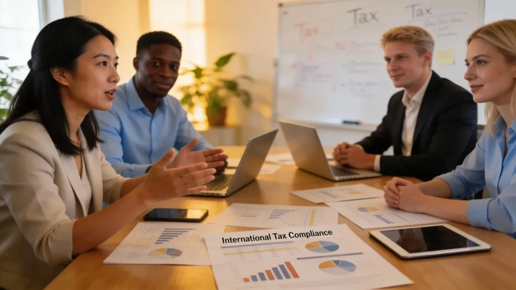 Diverse professionals discussing international tax compliance at a modern workspace